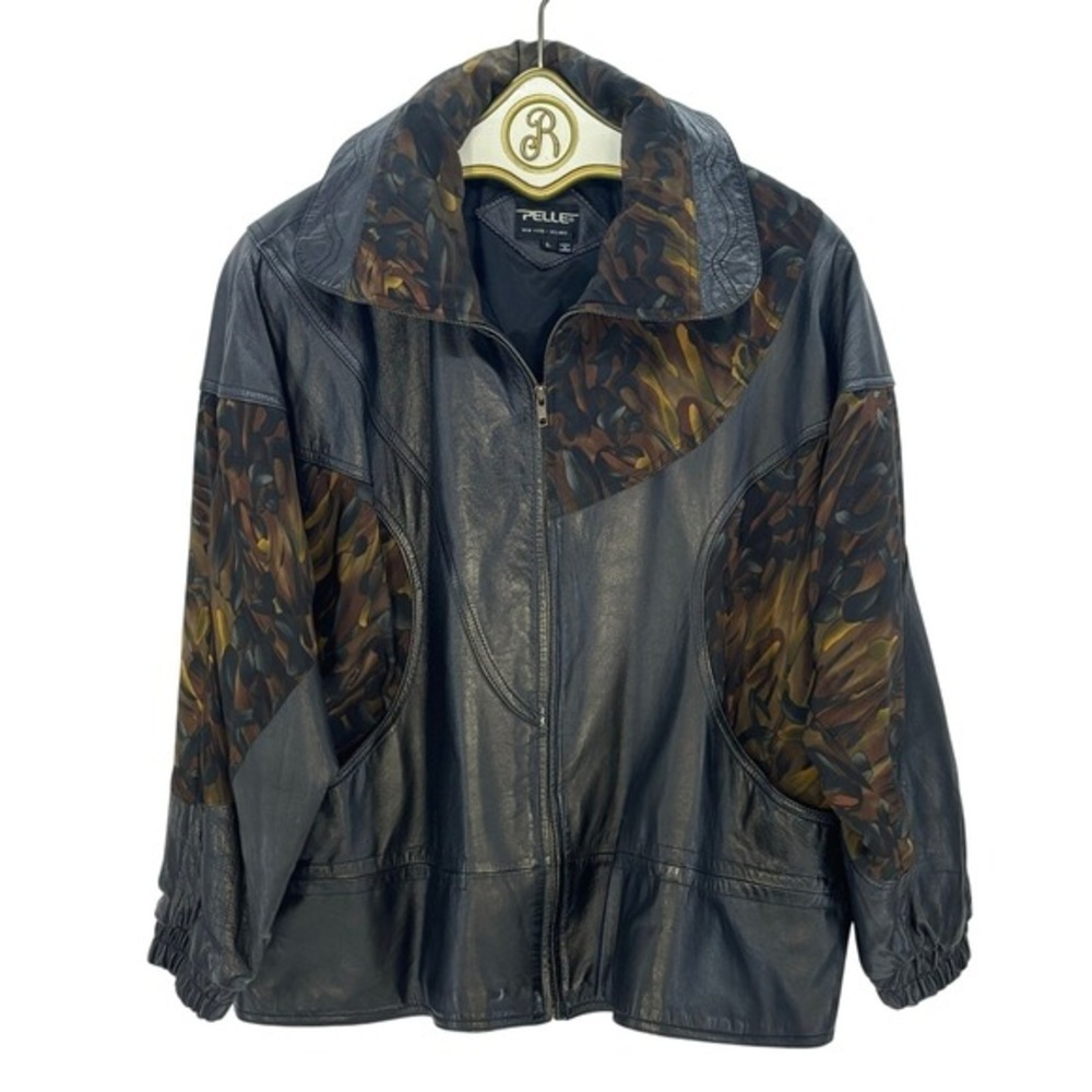 Vintage Pelle Leather Jacket Men LARGE Black Camo Panel 80s 90s‎ Grunge Biker